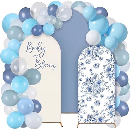 Foilswirl Baby in Bloom Balloon Arch Kit 34 Pcs Blue Baby Shower Party Decorations 4ft 5ft 6ft Blue and White Floral Spandex Arch Backdrop Cover with Balloons for Shower Decor by Foilswirl