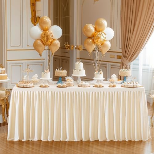 Light Champagne Polyester Table Clothes for 8 Foot Rectangle Tables, Wrinkle Free Fitted Table Cover 8ft Stretch Tablecloths with Skirt for Parties Weddings Birthday Banquet Baby Shower - Image 4