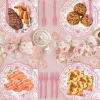 250 Pcs Pink Floral Plates and Napkins, 50 Guests Pink and White Scalloped Disposable Tableware Set Vintage Paper Plates Napkins for Wedding Bridal Shower Tea Garden Party Supplies - Image 2