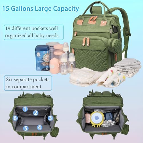 Jeryswet Baby Diaper Bags with Changing Station, Waterproof Large Capacity Diaper Bag Backpack for Moms Dads with USB Charging Port and Stroller Straps, Baby Shower Gifts, Green - Image 3