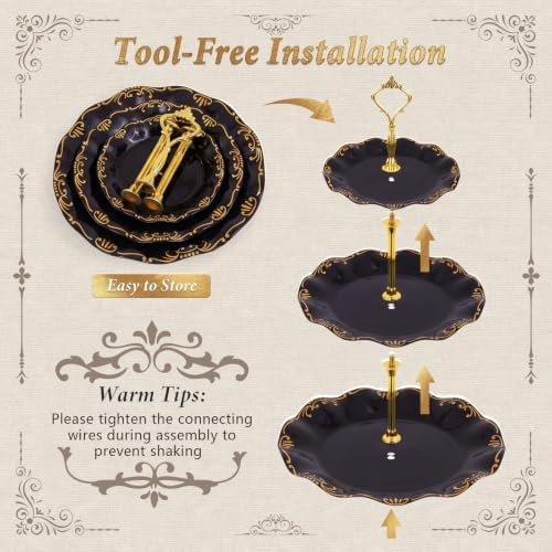 10 Pcs Cupcake Stand,Dessert Table Display Set with Gold Rim,3 x Three-Tier and 3 x Two-Tier Cake Stands,4 x Appetizer Serving Trays for Birthday, Wedding, Baby Shower,Tea Party (Black) - Image 4