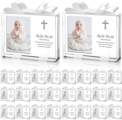 Vercraft 24 Set Baptism Picture Frame 3.5 x 5 Acrylic Baby Shower Baptism Favor Christening Gifts for Boy Girl with Plastic Crystal Boxes and Satin Ribbon Bows for Religious First Communion(White) by Vercraft