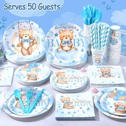 450 Pcs Tableware Set, Serve 50, Blue, Bear Baby Shower - Image 6