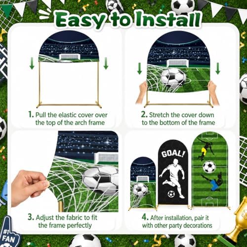 Cinrobiye 3Pcs Soccer Arch Backdrop Cover Set, 4ft 5ft 6ft Spandex Soccer Photo Booth Props, Sports Birthday Party Decorations, Goal Party Background Stand Cover for Game Day Indoor Outdoor Decor - Image 3