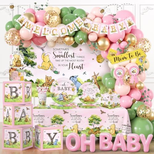 Bear Baby Shower Decorations, Pink Baby Shower Decorations with Oh Baby Backdrop Banner Plates Napkins Bear Tablecloth Balloon Arch Box for 1st Boy Girl Birthday Party by Unknown