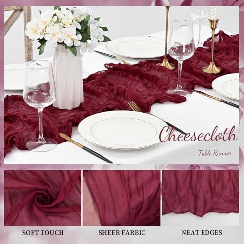 Burgundy 12 Pack Cheesecloth Table Runner 10FT Rustic Gauze Cheese Cloth Table Runner for Wedding Bridal Baby Shower Table Decor 20 x 120 Inch Long Boho Fabric Sheer Birthday Party Table Decorations - Image 3