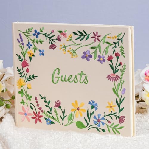 Embroidered Floral Guestbook for Wedding, Bridal Shower & Baby Shower, Linen Guest Sign-In Keepsake with Blank Ivory Pages, Lay-Flat Design & Ribbon Bookmark, 10.25” x 8.25” (Wildflower Garden) - Image 5
