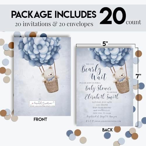 Amanda Creation Teddy Bear Baby Shower Invitations, 20 Personalized 5x7 Baby Shower Invitations for Boy with Envelopes, Blue Bear Balloon Design - Image 4