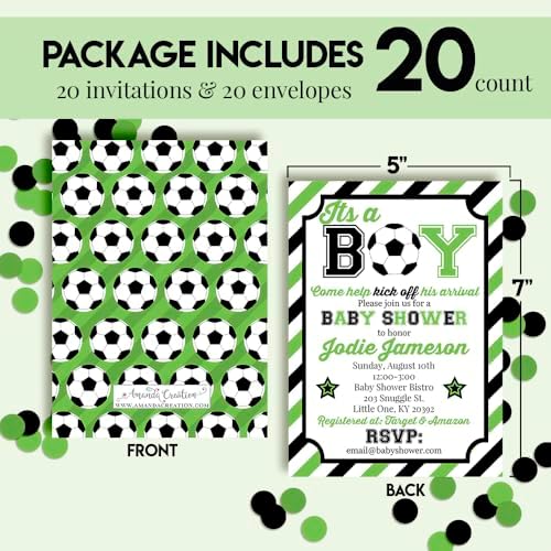 Amanda Creation Custom Baby Shower Invites Soccer Baby Shower Invitation 20 5x7 Custom Personalized Green Soccer Ball Invites With Envelopes - Image 4