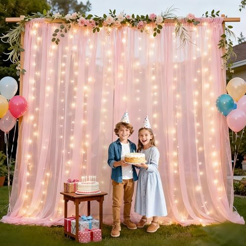 Ledido 10×8ft Pink Tulle Backdrop Curtains with Lights(6 Panels 5×8ft) - Image 6