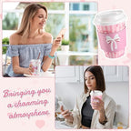 Jingmore 100 Set Pink Bow Coffee Cups with Lids, Straws and Sleeves Pink Bowknot Disposable Drinking Cup for Wedding Coquette Birthday Baby Shower Bachelorette Party Supplies (12 oz) - Image 6