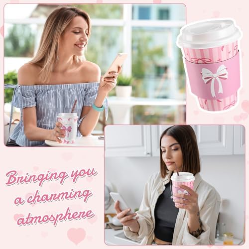 Jingmore 100 Set Pink Bow Coffee Cups with Lids, Straws and Sleeves Pink Bowknot Disposable Drinking Cup for Wedding Coquette Birthday Baby Shower Bachelorette Party Supplies (12 oz) - Image 6