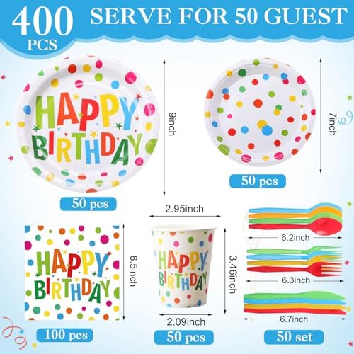 Pickmesh 400 Pcs Polka Dots Happy Birthday Plates and Napkins Set - Image 3