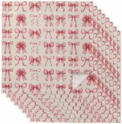 Pink Ribbon Bow Cloth Napkins Set of 8, Fantasy Sweet Bows Abstract Vintage Beige Washable Reusable Dinner Cocktail Napkin for Kitchen Party Wedding Banquet Holiday Baby Shower Table Decor by PIEPLE