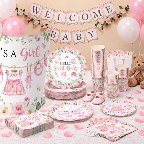 Pickmesh 250 Pcs Pink Floral Baby Girl Disposable Tableware Set Hello Sweet Baby Paper Plates Napkins Cups Cutlery for Gender Reveal Birthday Party Supplies Babies Shower, Serve 50 Guest - Image 4