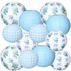 12 Pcs Hydrangea Plaid Paper Lanterns 8" 10" 12" Blue White Floral Chinese Lanterns for Summer Birthday Wedding Baby Shower Garden Tea Party Decorations by Huquary