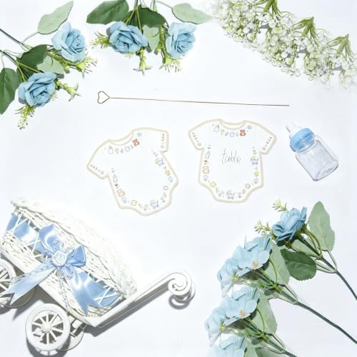 2 Pack Baby Carriage for Baby Shower Centerpiece Table with Wicker Stroller Bottle Bear Cards Rattan Artificial Rose Hydrangea Baby's Breath Floral Card Holder Decoration(Blue，16pcs) - Image 5
