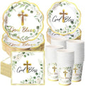 Ziliny 250 Pcs God Bless Baptism Party Tableware Set for 50 Guest First Holy Communion Decorations Sage Green Eucalyptus Leaves Paper Plates Napkins and Cups for Christening Baby Shower Religious by Ziliny