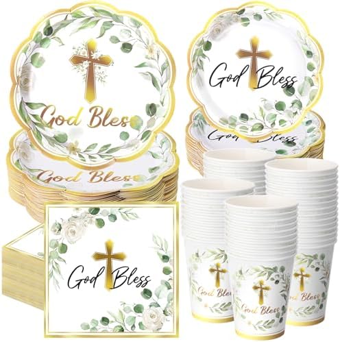Ziliny 250 Pcs God Bless Baptism Party Tableware Set for 50 Guest First Holy Communion Decorations Sage Green Eucalyptus Leaves Paper Plates Napkins and Cups for Christening Baby Shower Religious by Ziliny