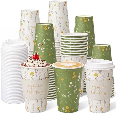 48 Set 16oz Floral Disposable Coffee Cups with Lids & Sleeves, White Sage Green Wildflowers Paper Drinking Cups for Hot/cold Beverages Matcha Coffee Tea Wedding Bride Baby Shower Party by Sunnychicc