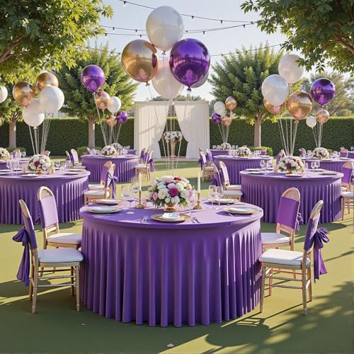 6 Pack Purple Spandex Round Tablecloths for 60 inch Table, Wrinkle Free Stretchy 120inch Fitted 5FT Round Table Cover Cloths with Skirt for Wedding Party Dining Banquet - Image 3