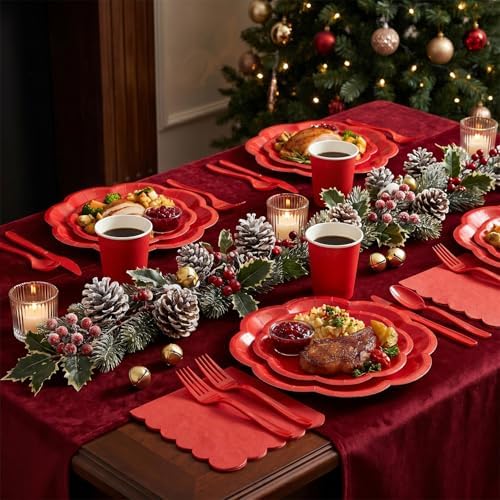 Vyntra Red Paper Plates, Cups & Napkins, 350 Pcs Scalloped Party Set - Image 6