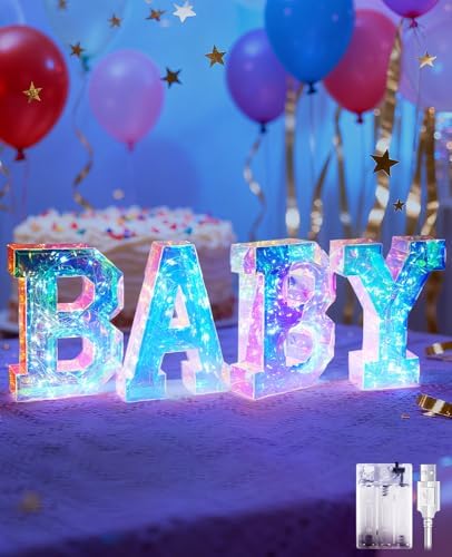 AceList Iridescent Baby Marquee Letters for Baby Shower - 7.87 Inch Light Up Sign for Table Centerpiece & Backdrop, Holographic 70 LED Decor for Gender Reveal, Nursery Room, Birthday Party Supplies by AceList