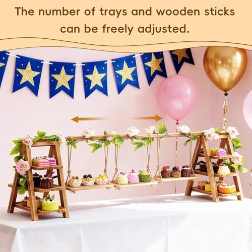 Wooden 3 Tier Cupcake Stand with Artificial Flower Vine Hanging Swing Trays Foldable & Removable Design for Birthday Wedding Catering Baby Shower Party - Image 4