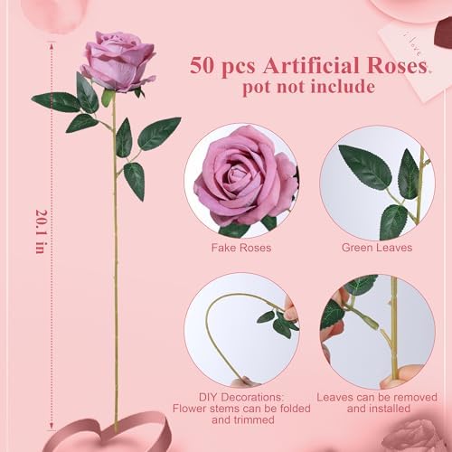 50 PCS Dusty Roses Artificial Flowers, Fake Roses with Stem Realistic Silk Roses for DIY Wedding Bouquets Tables Centerpieces Arrangements Baby Shower Birthday Home Decor Valentine's Day Gift for Her - Image 5