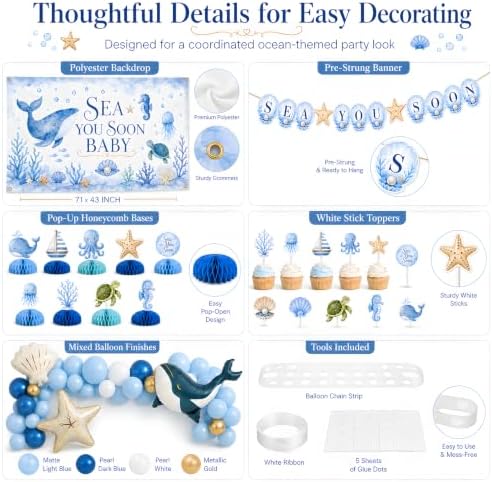 Sea You Soon Baby Shower Decorations Kit, Ocean Theme Party Set for Boys - Image 5