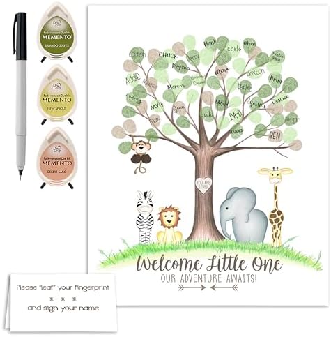 Jungle Safari Baby Shower Fingerprint Tree, Gender Neutral Jungle Safari Animal Thumbprint Tree Set with Ink Pads and Pen, 11x14 Inches by MeganHStudio