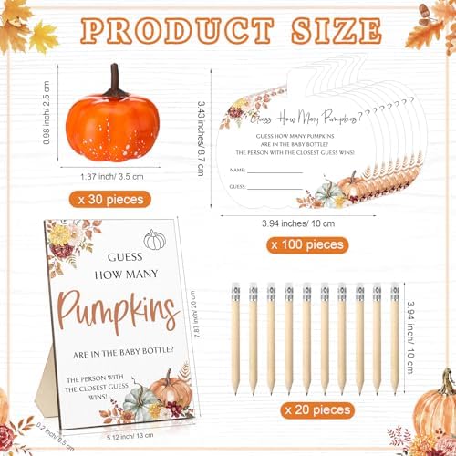 Seenelling 152 Pcs Fall Baby Shower Games Guess How Many Pumpkins Game Stand Sign 100 Pumpkins Guessing Cards 20 Pencils 1 Large Baby Bottle 30 Pumpkins for Guests Gender Reveal Party Game Decorations - Image 2