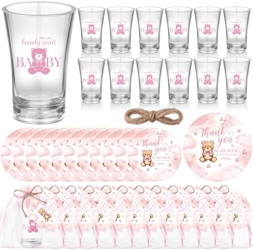 Funnymoom 50 Sets Pink Teddy Bear Baby Shower Decorations Girl We Can Bearly Wait Party Favors Birthday Gifts for Guests Acrylic Clear Shot Glasses Thank You Tags with Organza Bags for Gender Reveal by Funnymoom