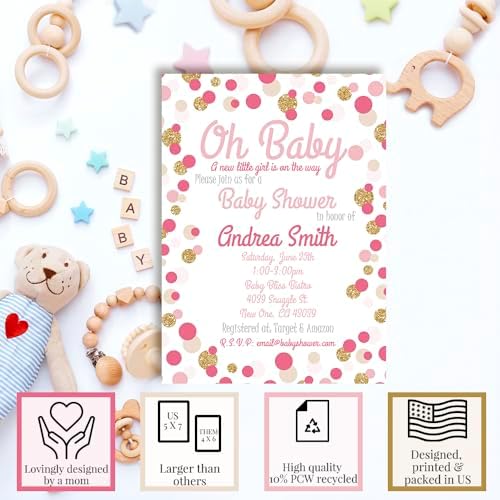 Amanda Creation Custom Baby Shower Invites Pink and Gold Polka Dot Baby Shower Invitation 20 5x7 Personalized Invites With Envelopes - Image 2