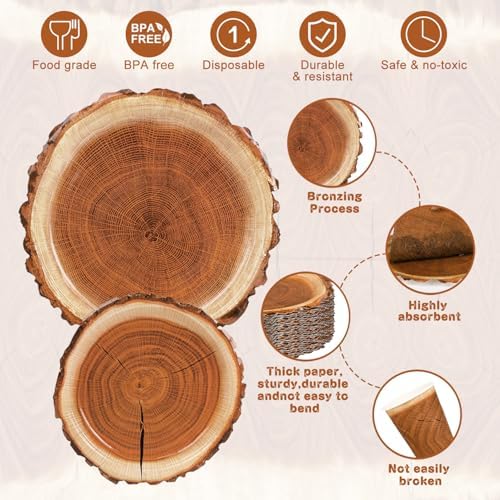 400 Pieces Camping Wood Grain Slice Party Supplies Set Paper Plate Cup Napkin for Camping Woodland Baby Shower Lumberjack Birthday Featuring a Round Wooden Slice Die Cut Edge Design Serve 50 - Image 3