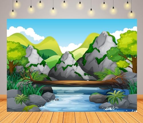 Cartoon Mountain River Backdrop 15x8ft Fabric Nature Scene Green Trees Wood Stone River Background for Jungle Safari Themed Birthday Decorations Zoo Party Banner Kids Baby Shower Photo Props - Image 3