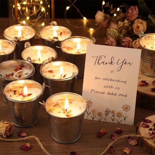 Treela 24 Sets Scented Candle Gift Mini 1.8 oz Lavender Soy Wax Iron Bucket Aromatherapy Candle with Dried Flower Thank You Card for Baby Shower Bridal Wedding Birthday Party Favor Guest by Treela