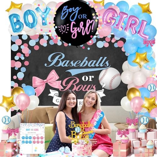 Hombae Baseball or Bows Gender Reveal Decorations, 171 PCs Boy or Girl Gender Reveal Decorations Backdrop Balloon Garland Banner Tablecloth Cake Cupcake Topper Box Cutout Poster Sash Pink Blue - Image 7