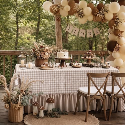Moukeren 120"x60" Ruffled Tablecloth Table Cover, Khaki White, Gingham - Image 2