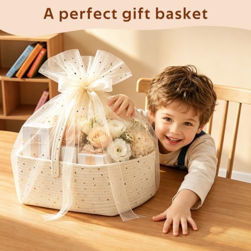 Large Woven Basket for Gifts Empty, Storage Basket 15" x 11" x 6.5" with Glitter Tulle, Ribbon and Card Paper, One-Handle Design, DIY Time for Holiday Gifts, Baby & Pet Toys, Graduation - White - Image 2