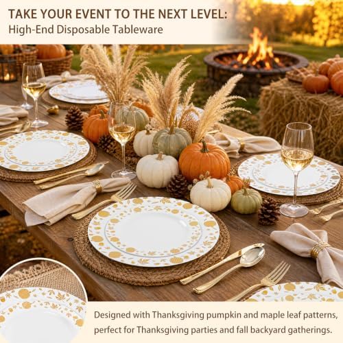 WDF 150pcs Gold Plastic Plates with Disposable Plastic Silverware - Premium Thanksgiving Dinnerware Sets for Thanksgiving Day&Parties - Image 3