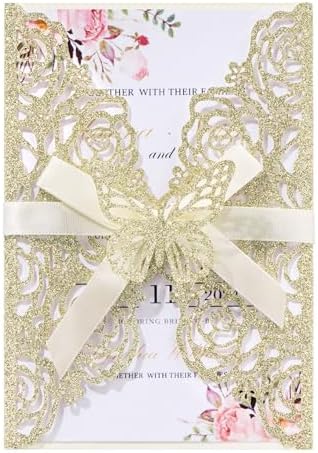 50PCS Gold Glitter Laser Cut Wedding Invitation with Butterfly Ribbons by Maffily