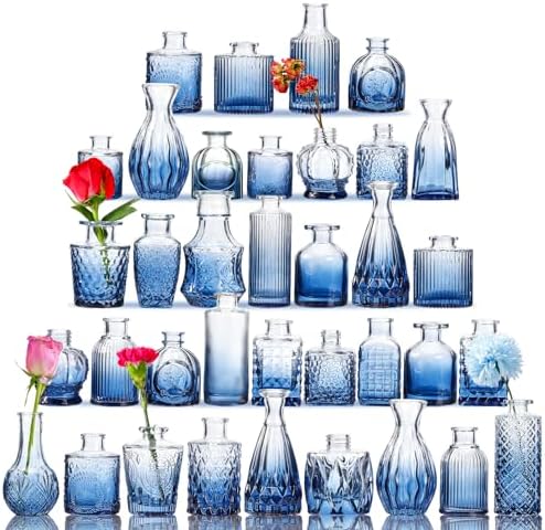 Fixwal 36 Blue Bud Vases Glass Bud Vase Set of 36, Small Vases for Flowers by Fixwal