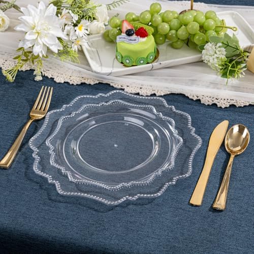 COLOSUS 60PCS Clear Plastic Plates, Fancy Beaded Plastic Plates for Wedding - Image 6