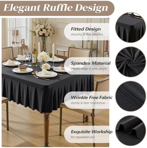 Wish Care 4 Pack Black Spandex Tablecloths for 34x34 Inch Square Tables, Stretch Fitted Table Clothes with Pleated Ruffle Skirt for 34” Table, Wrinkle Free and Elastic, for Party Kitchen Home Dining - Image 5