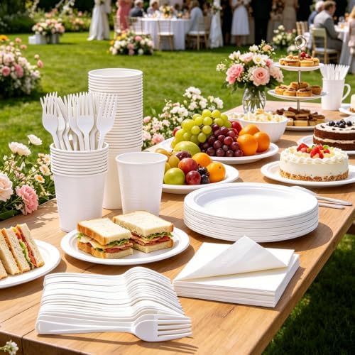 200pcs White Plastic Plates Party Supplies, Disposable 9’’ Dinner Plates and Napkins, Cups & Cutlery Dinnerware Set for Birthday, Wedding, Bridal Shower, Baby Shower Decorations, Serves 50 Guests - Image 4