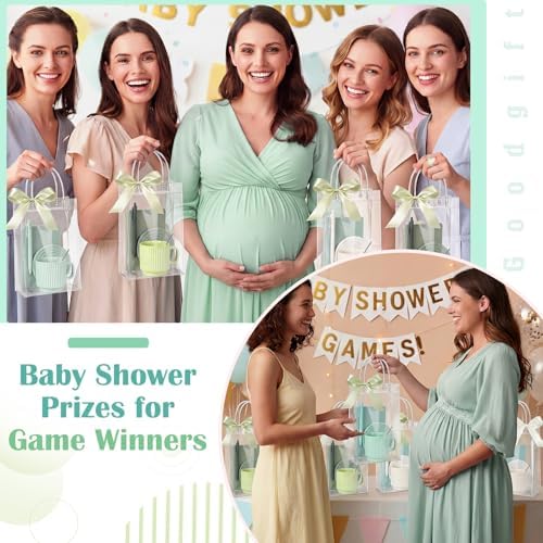36 Pcs/6 Sets Baby Shower Prizes for Winners Include Ceramic Mugs with Spoons Woven Coasters Notebooks with Pens Clear PVC Gift Bags for Bridal Shower Party Favors(Green) - Image 6