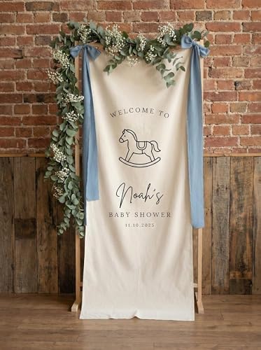 Personalized Baby Shower Welcome Banner Custom Rocking Horse Vertical Sign for Nursery Decor Baby Shower Backdrop Standing Poster Party Decoration Supplies Polyester Vertical Sign by Custom