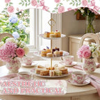 3 Tier Pink Floral Cake Stand Ceramic Coquette Dessert Stand with Gold Metal Rack Shabby Hydrangea Bow Cupcake Tower for Wedding Bridal Shower Baby Shower Birthday Afternoon Tea Party - Image 4