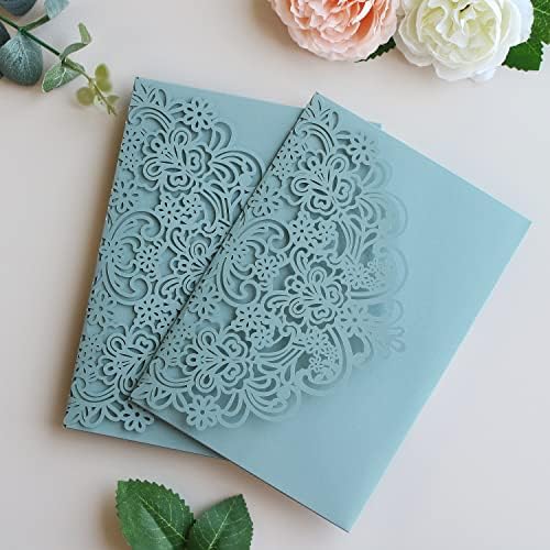 Hosmsua 50PCS Personalized Dusty Blue Laser Cut Flora Invitation Pocket, 5.12 x 7.2 Laser Cut Wedding Invitation with Envelopes for Wedding Bridal Shower Anniversary Invite - Image 5